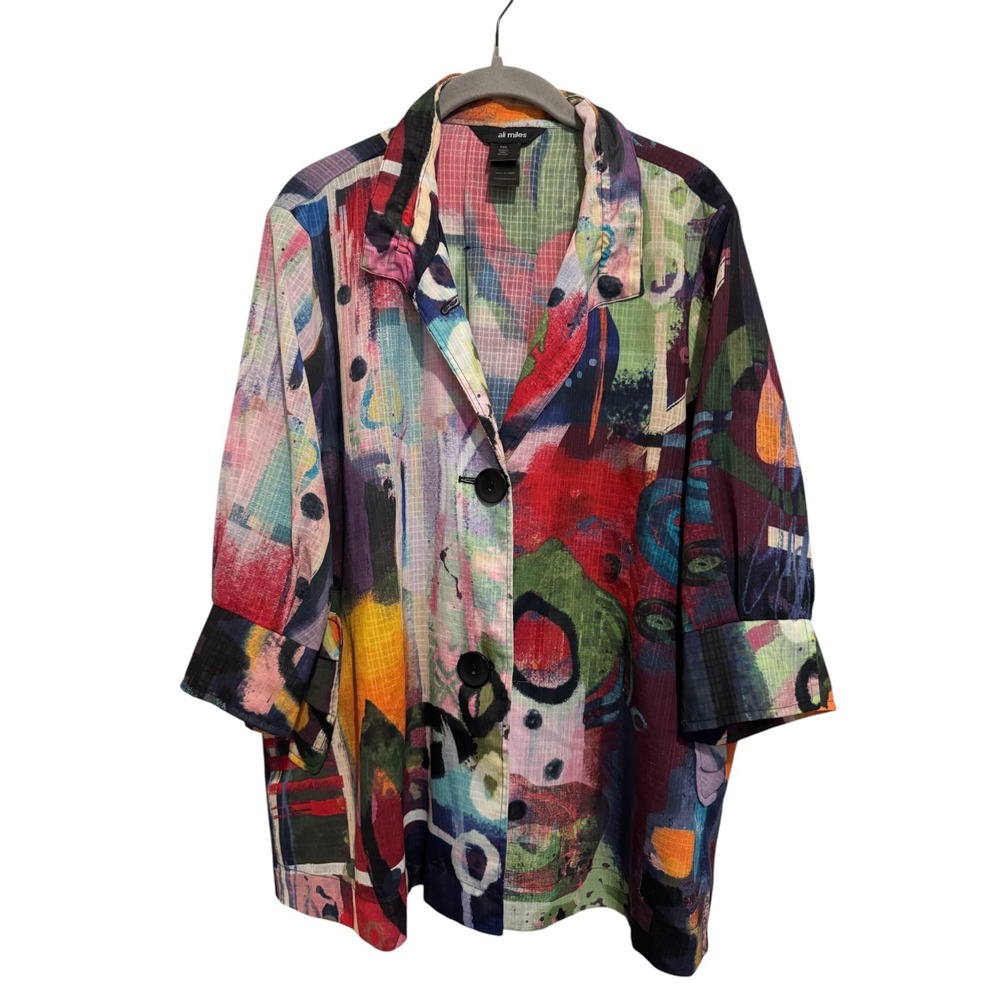 Ali Miles Two Button Print Jacket Women's PXL Multi Color Art To Wear Lagenlook